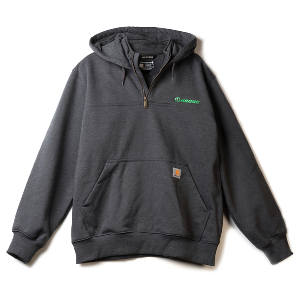 Gray hooded sweatshirt with a front zipper, kangaroo pocket, and green logo on the left chest.