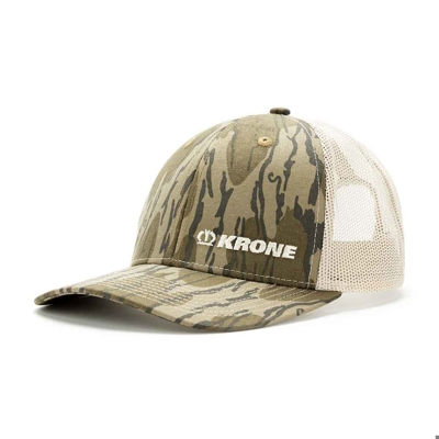 Image of a camo hat with white Krone logo