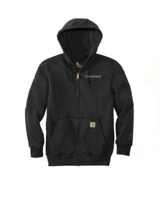 A black hooded sweatshirt with a front zipper, two pockets, and a small logo on the chest and lower pocket.