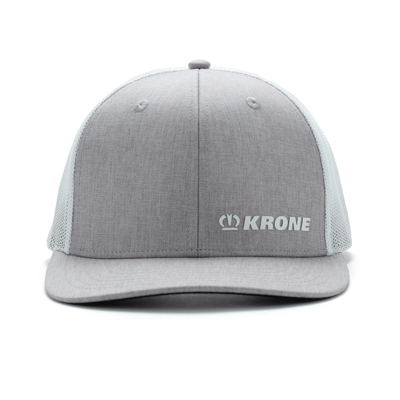 Image of a Heather Grey Trucker Hat with Krone logo on it 