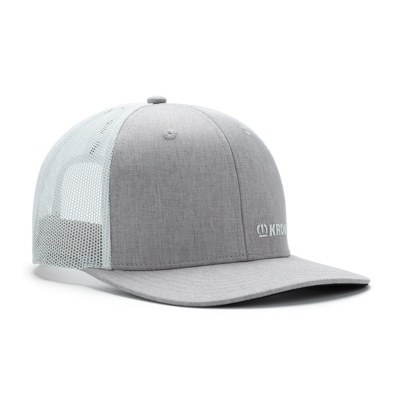 Image of a Heather Grey Trucker Hat with Krone logo on it 