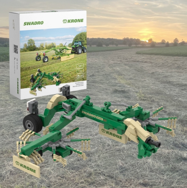 Brick‑style twin‑rotor rake model displayed on field background