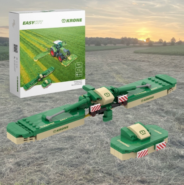 Brick‑style triple mower build set displayed on field background