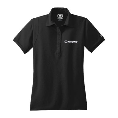 Black polo with white Krone logo on left chest.