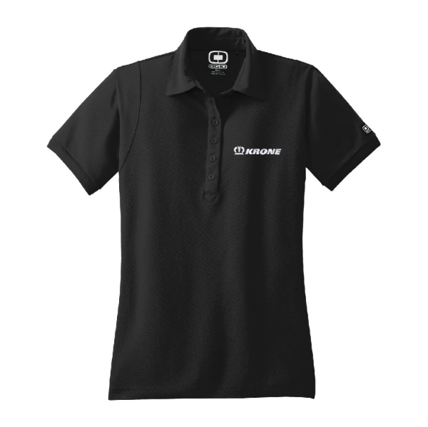 Black polo with white Krone logo on left chest.