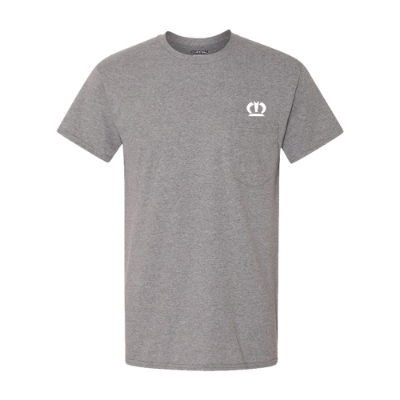 Gray short-sleeve t-shirt featuring a small white Krone crown on the front left chest pocket