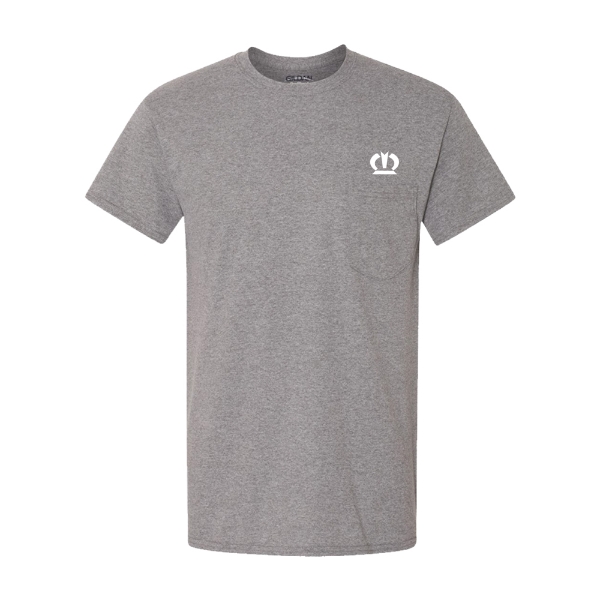 Gray short-sleeve t-shirt featuring a small white Krone crown on the front left chest pocket