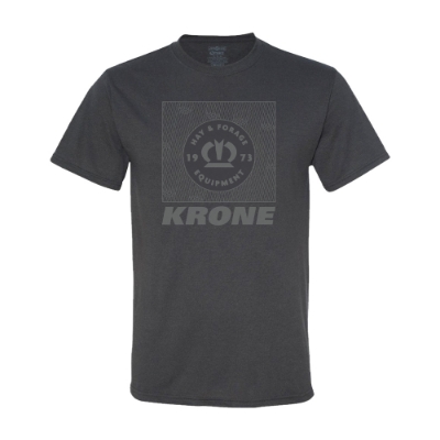 Charcoal short-sleeve t-shirt featuring a tonal graphic with the Krone crown, “Hay & Forage Equipment,” and “1973” in a bold square design on the chest