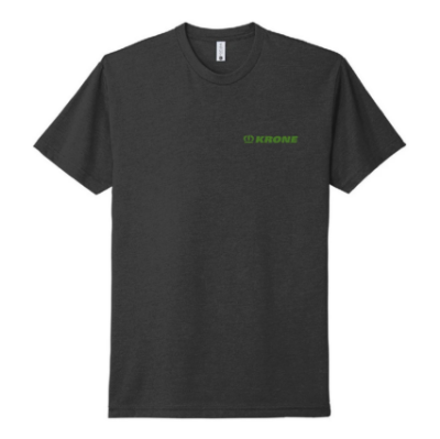 Charcoal t-shirt on white background with green Krone logo on left chest