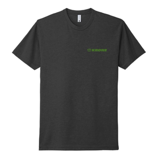 Charcoal t-shirt on white background with green Krone logo on left chest