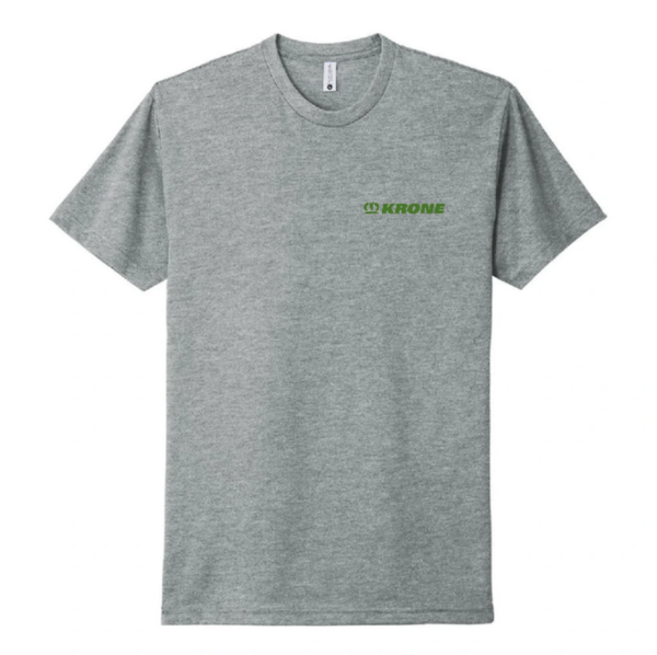 Light grey t-shirt on white background with green Krone logo on left chest.