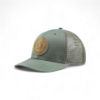 Olive Richardson cap angled front view featuring structured crown, curved brim, and embossed leather patch logo