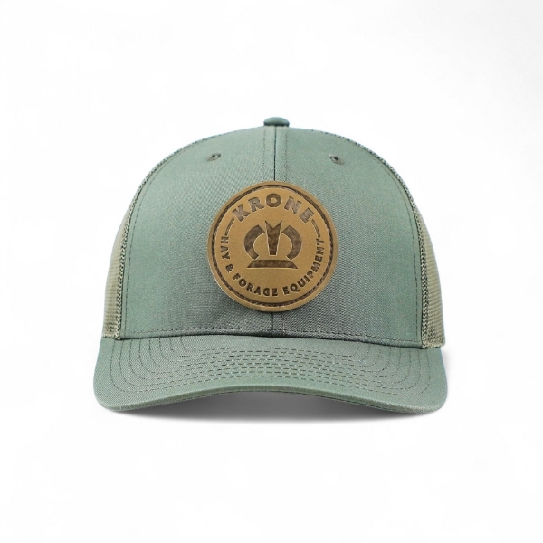 Krone Richardson Olive Cap front view featuring circular leather logo and structured crown