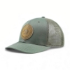 Olive Richardson cap angled front view featuring structured crown, curved brim, and embossed leather patch logo