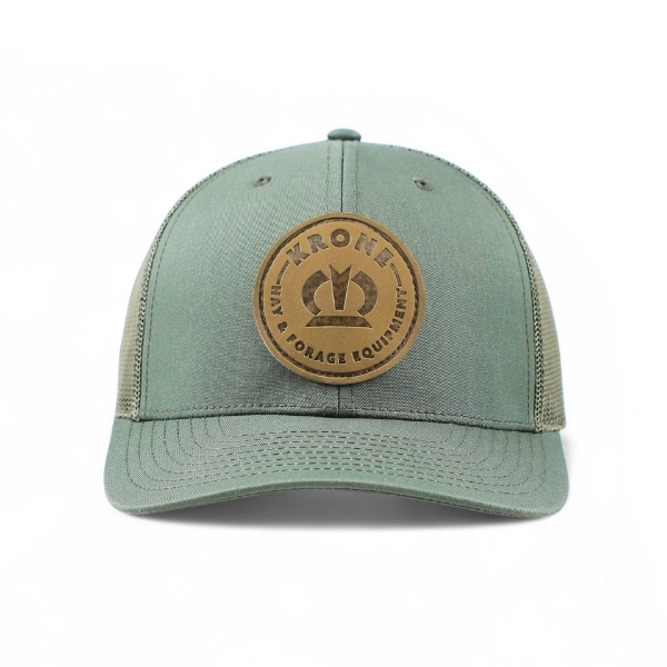 Krone Richardson Olive Cap front view featuring circular leather logo and structured crown