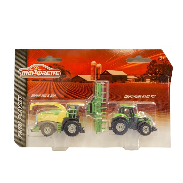 Majorette farm playset packaging featuring forage harvester and tractor