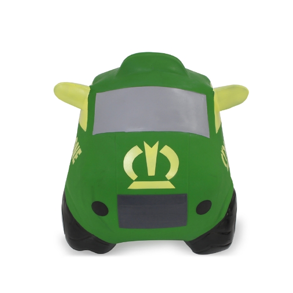 Green farm‑themed jumping toy with rounded body and black wheels on white background