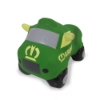 Side view of green bouncing toy shaped like a playful farm vehicle