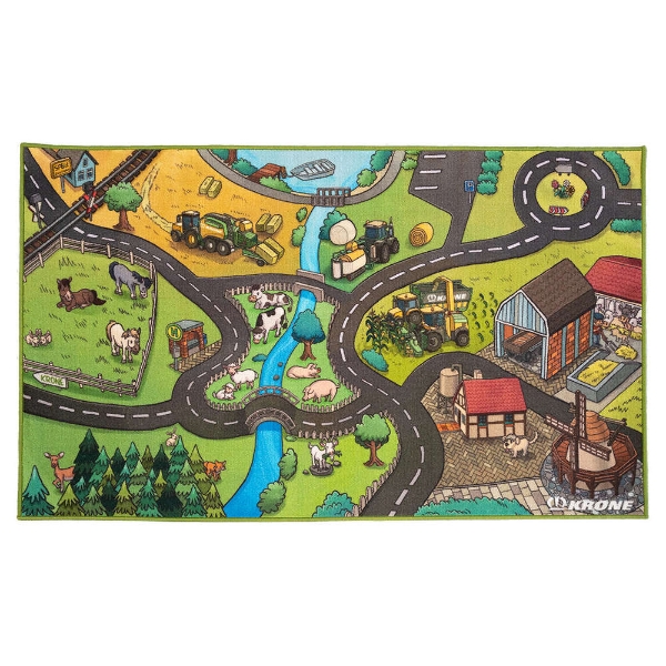Colorful farm‑themed play mat featuring roads, barns, fields, and animals