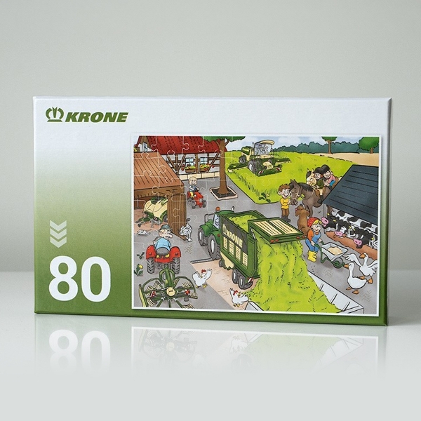 Boxed 80‑piece farm puzzle featuring illustrated harvest scene