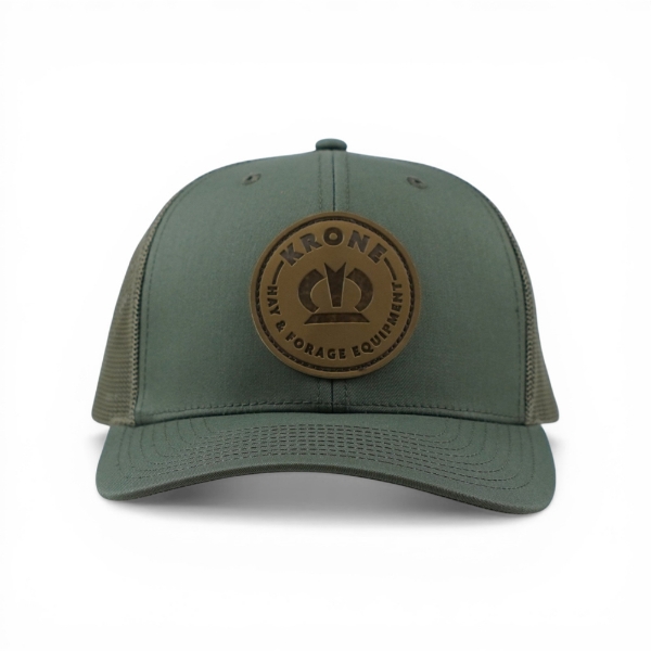 Krone Richardson Olive Cap front view featuring circular leather logo and structured crown