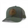 Olive Richardson cap angled front view featuring structured crown, curved brim, and embossed leather patch logo