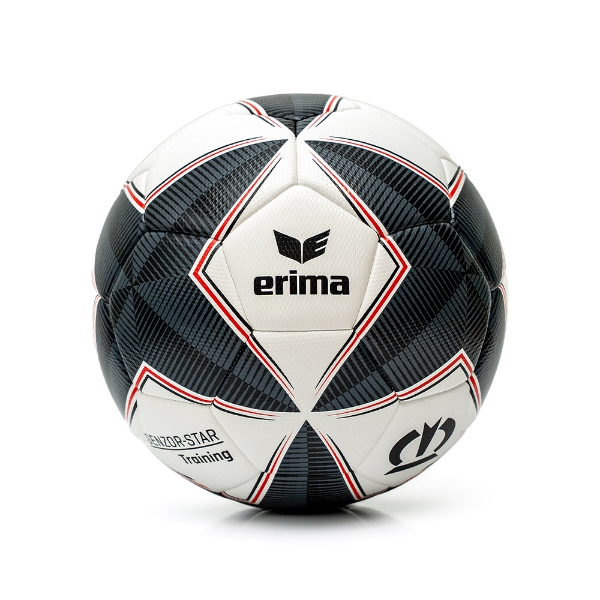 White and black Krone soccer ball with red accent lines and textured surface shown on a light background