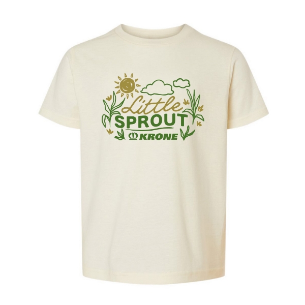 Cream youth t‑shirt with “Little Sprout” graphic featuring sun, clouds, plants, and green Krone logo centered on front