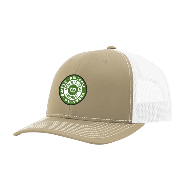 Reliable Cap tan and white Richardson trucker hat with circular KRONE patch, front view
